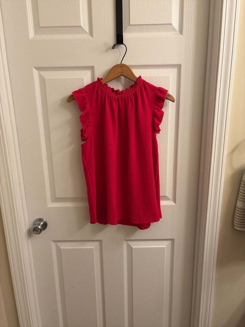 Ces Femme Red Ruffle Flutter Sleeve Textured Blouse